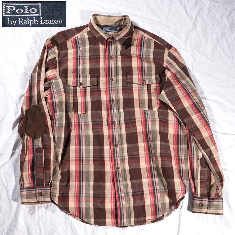 Polo Ralph Lauren Vintage Flannel Shirt Elbow Patch Brown Tan Mens Large